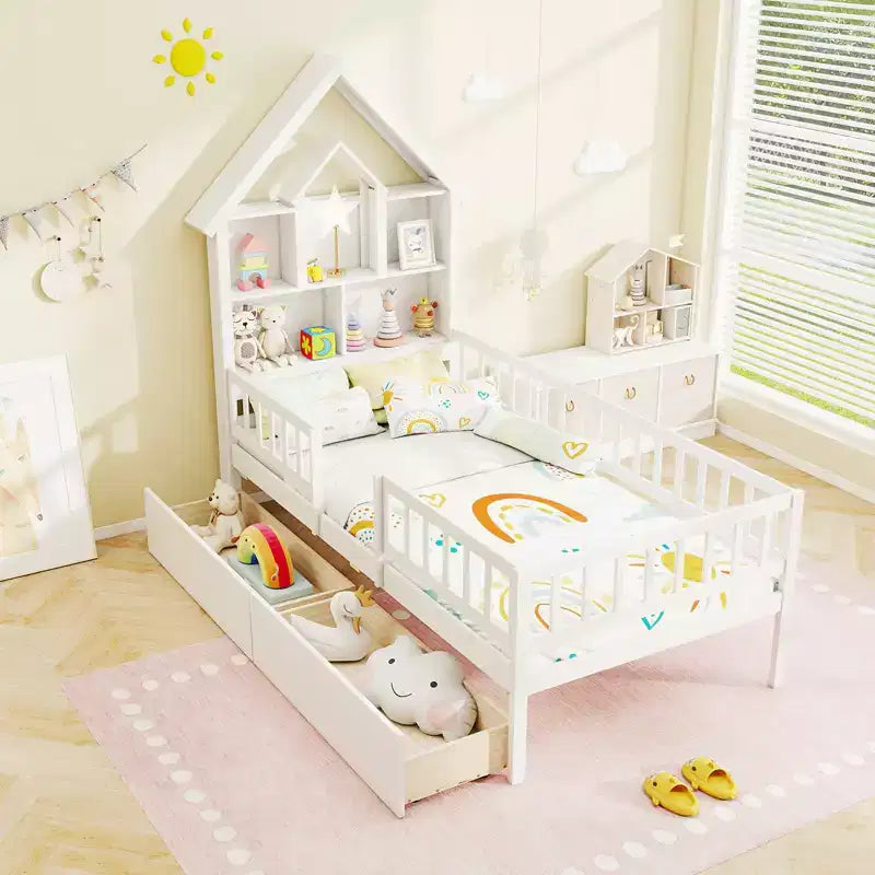 Lit cabane pour enfants taille simple avec deux tiroirs et une tête de lit avec rangement