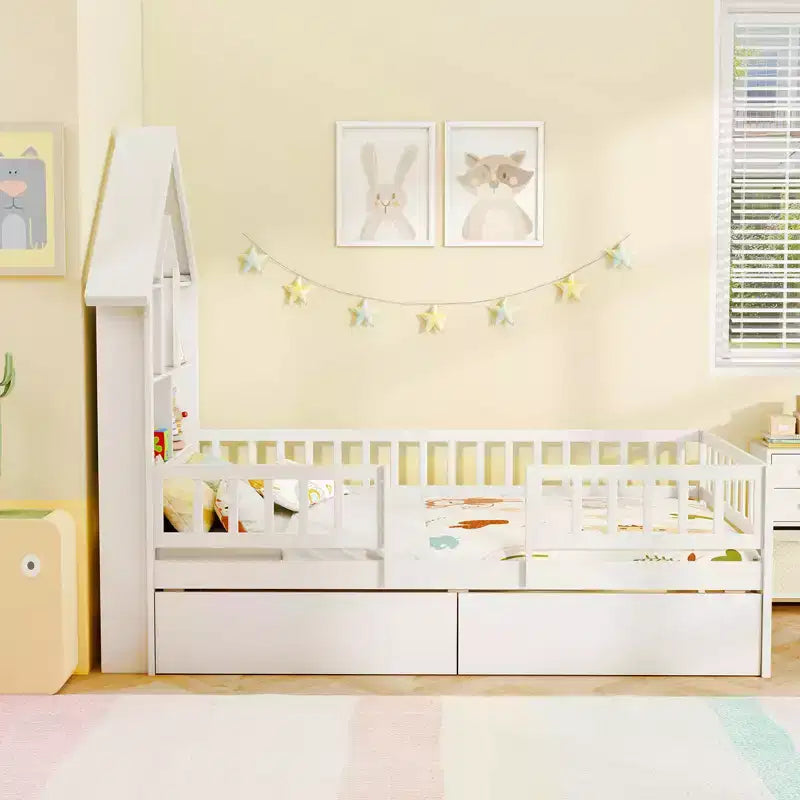 Lit cabane pour enfants taille simple avec deux tiroirs et une tête de lit avec rangement