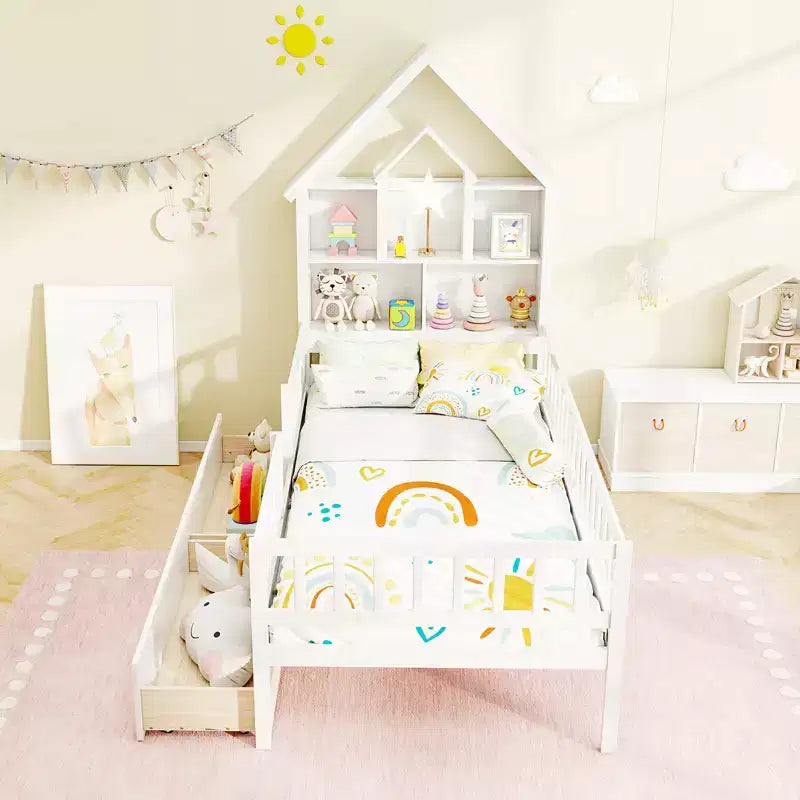 Lit cabane pour enfants taille simple avec deux tiroirs et une tête de lit avec rangement