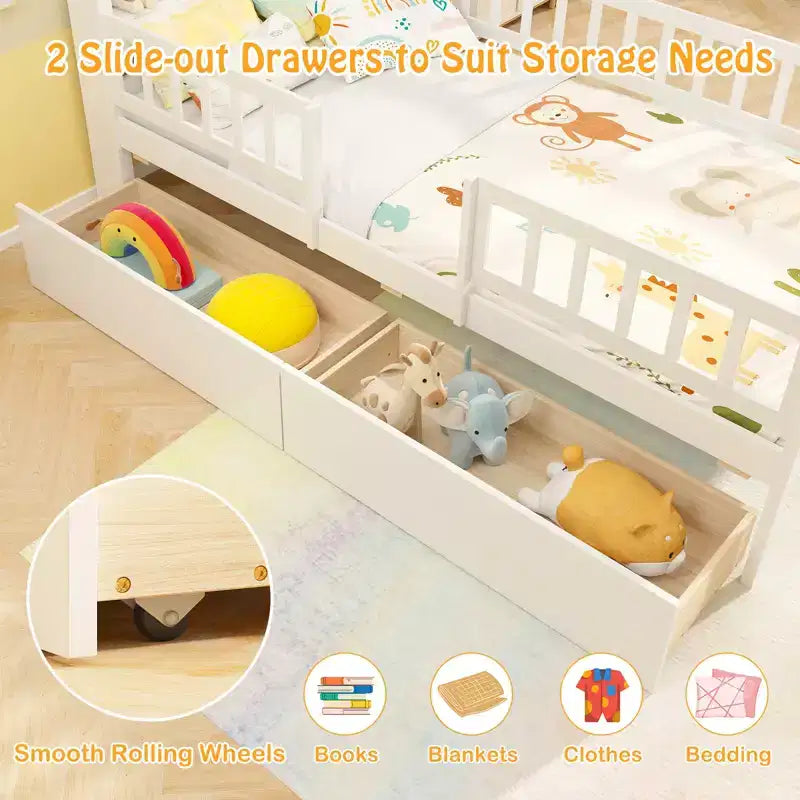 Lit cabane pour enfants taille simple avec deux tiroirs et une tête de lit avec rangement