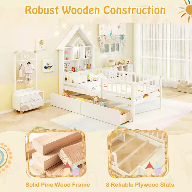 Lit cabane pour enfants taille simple avec deux tiroirs et une tête de lit avec rangement