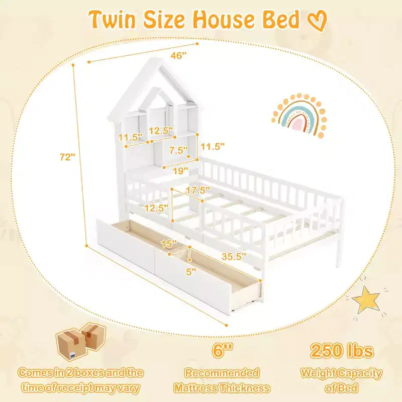 Lit cabane pour enfants taille simple avec deux tiroirs et une tête de lit avec rangement