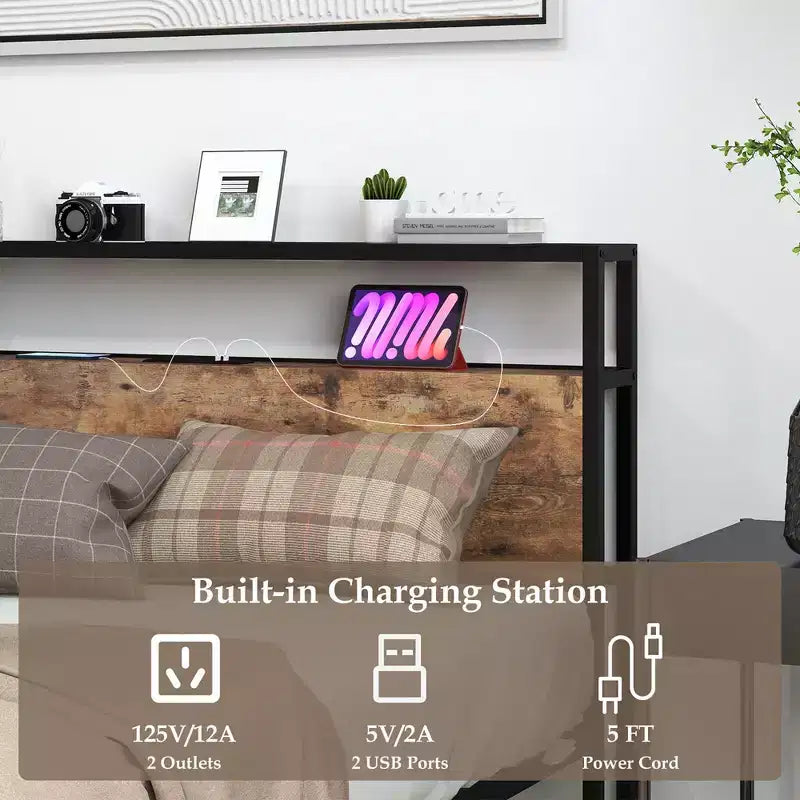 Cadre de lit plateforme de style industriel (avec station de recharge et tête de lit de rangement)