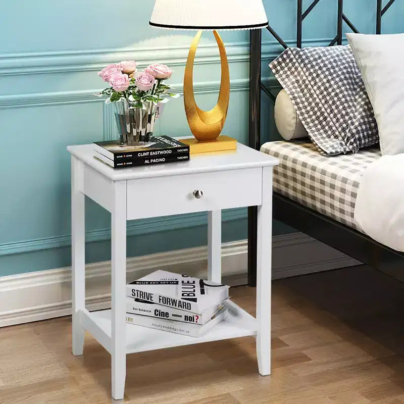 Table de chevet/table d'appoint blanche - avec étagères de rangement et tiroirs