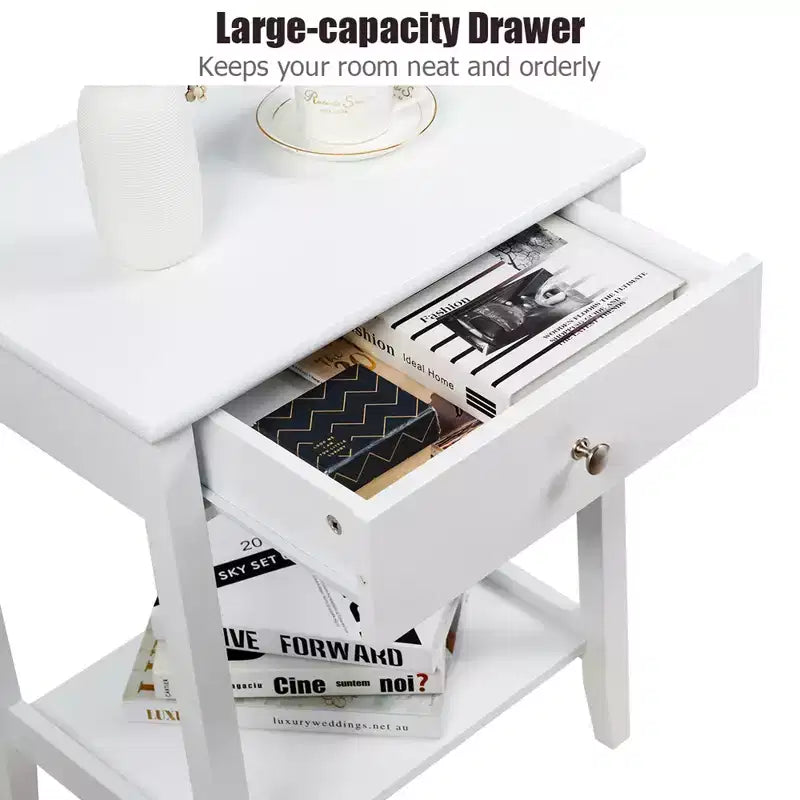 Table de chevet/table d'appoint blanche - avec étagères de rangement et tiroirs