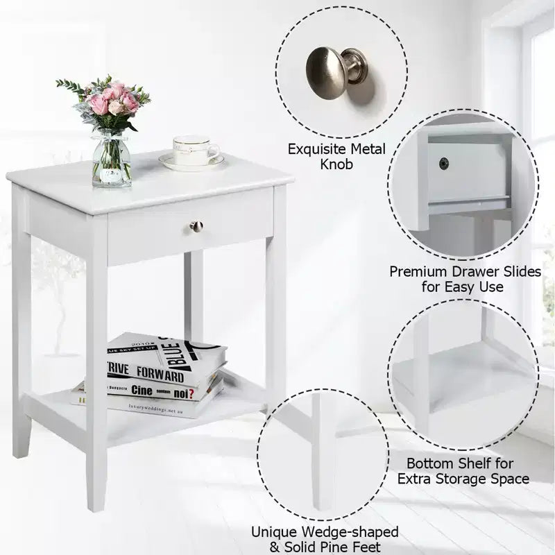 Table de chevet/table d'appoint blanche - avec étagères de rangement et tiroirs