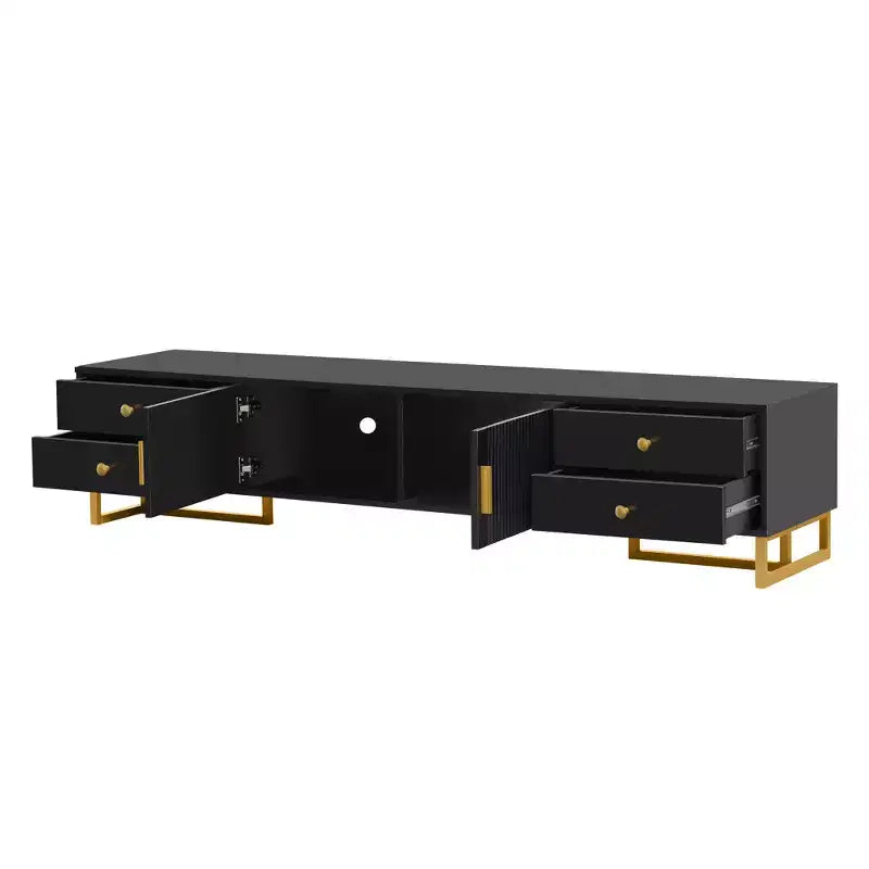 Meuble TV moderne pour téléviseurs de 65 pouces ; centre de divertissement/console média avec tiroirs ; meuble de rangement TV en bois avec pieds dorés.