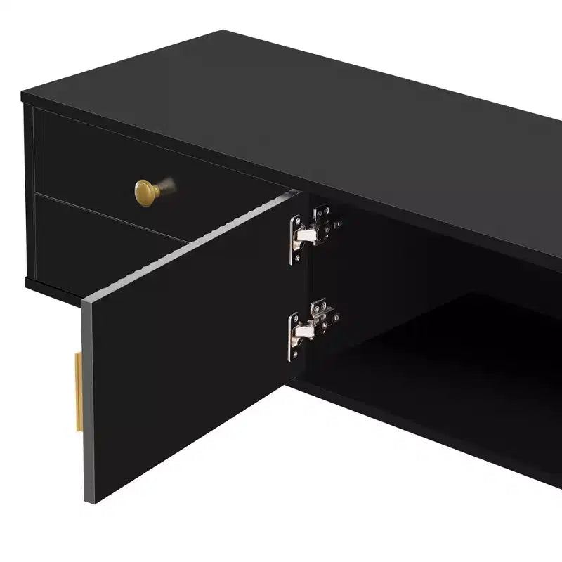 Meuble TV moderne pour téléviseurs de 65 pouces ; centre de divertissement/console média avec tiroirs ; meuble de rangement TV en bois avec pieds dorés.