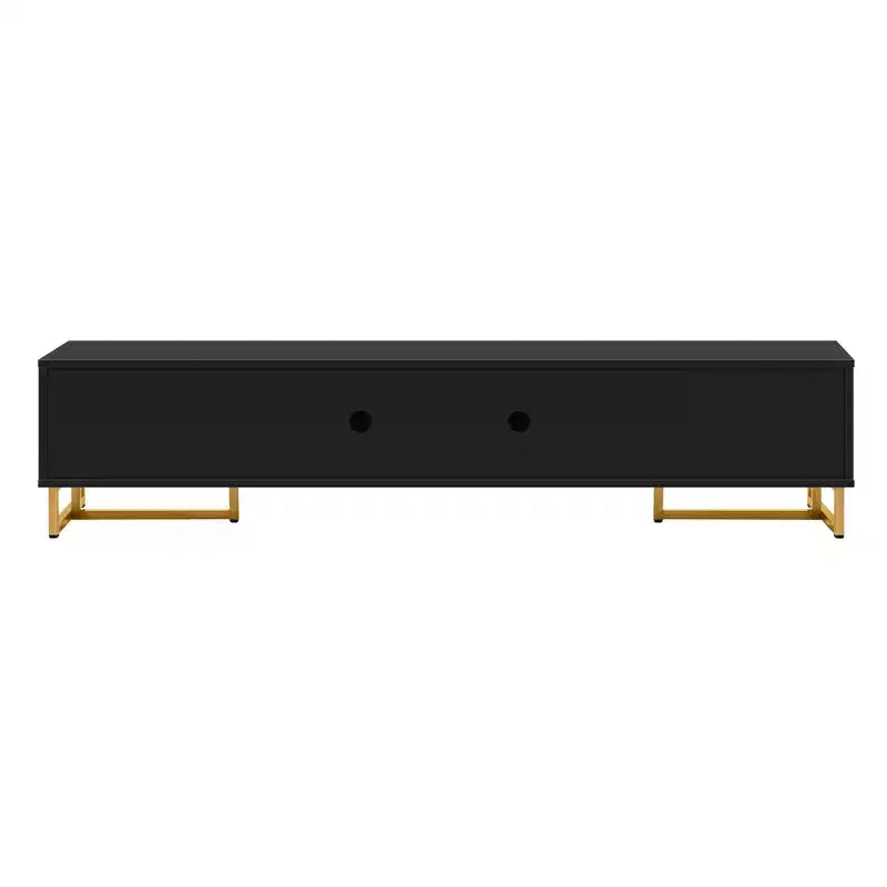 Meuble TV moderne pour téléviseurs de 65 pouces ; centre de divertissement/console média avec tiroirs ; meuble de rangement TV en bois avec pieds dorés.