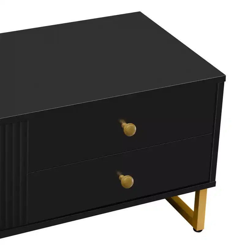 Meuble TV moderne pour téléviseurs de 65 pouces ; centre de divertissement/console média avec tiroirs ; meuble de rangement TV en bois avec pieds dorés.