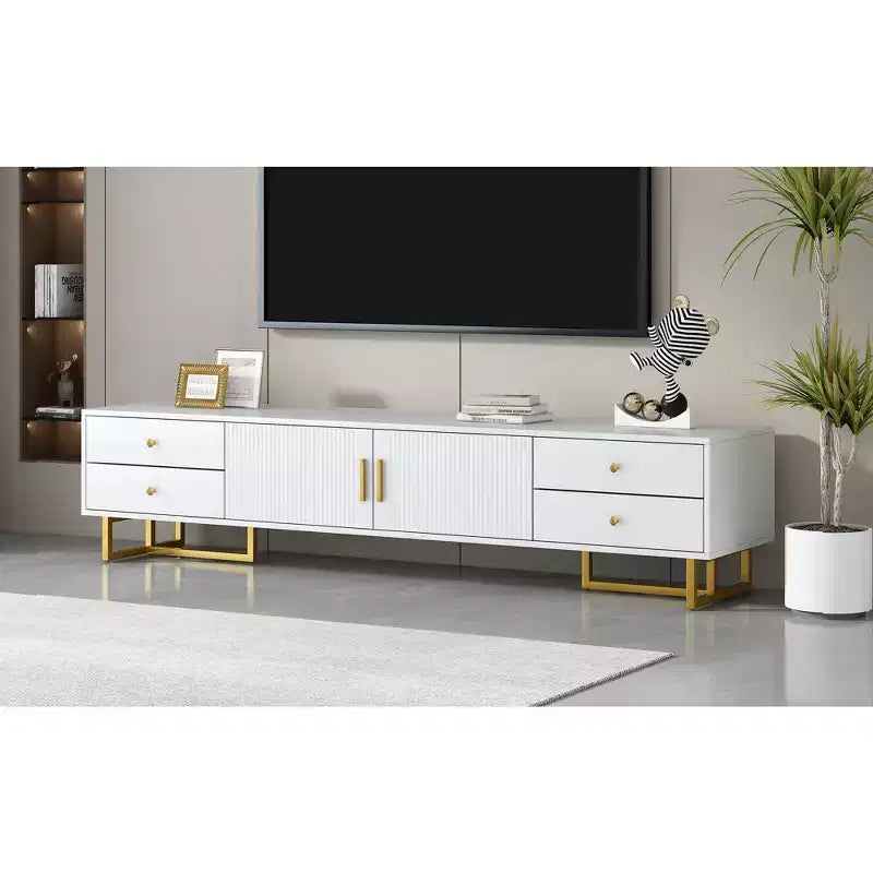 Meuble TV moderne pour téléviseurs de 65 pouces ; centre de divertissement/console média avec tiroirs ; meuble de rangement TV en bois avec pieds dorés.