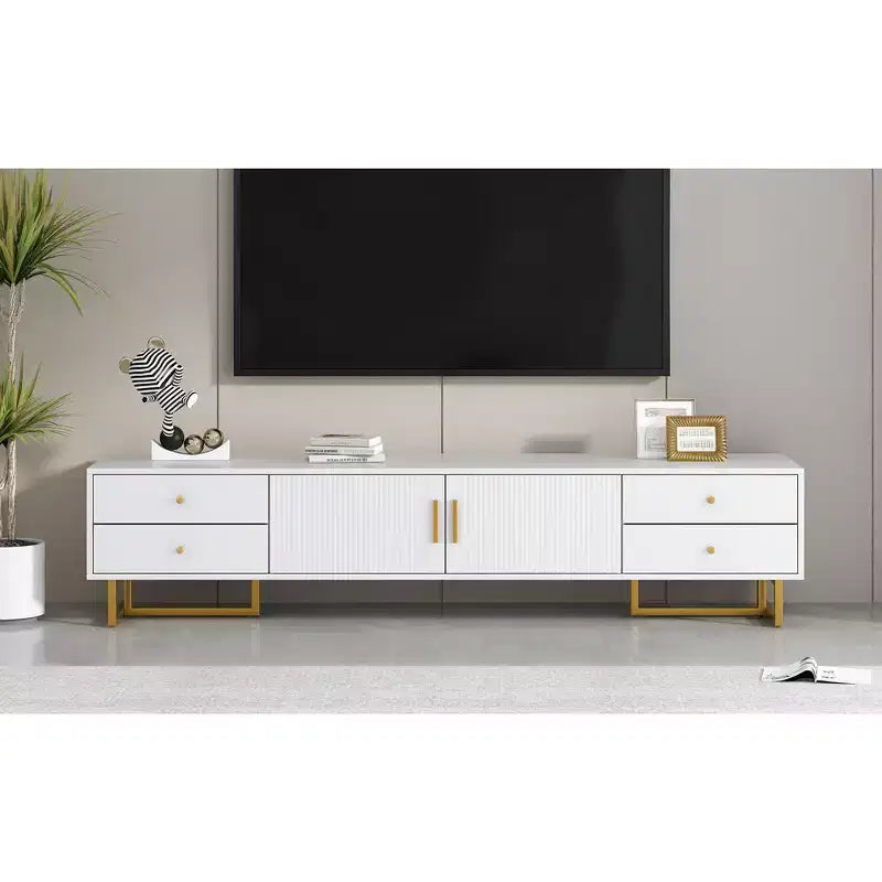 Meuble TV moderne pour téléviseurs de 65 pouces ; centre de divertissement/console média avec tiroirs ; meuble de rangement TV en bois avec pieds dorés.