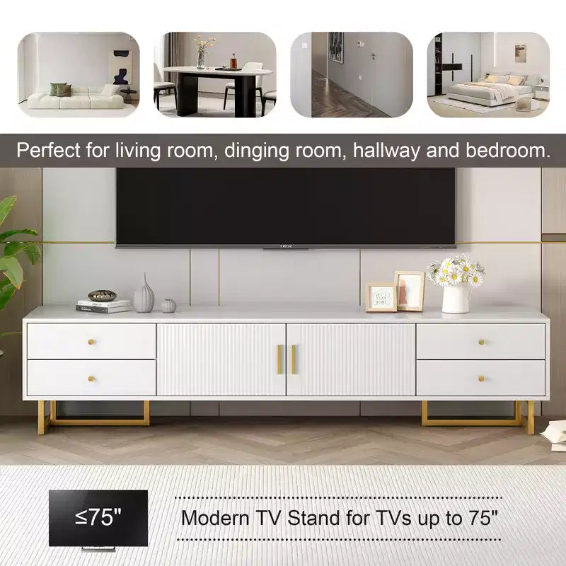 Meuble TV moderne pour téléviseurs de 65 pouces ; centre de divertissement/console média avec tiroirs ; meuble de rangement TV en bois avec pieds dorés.