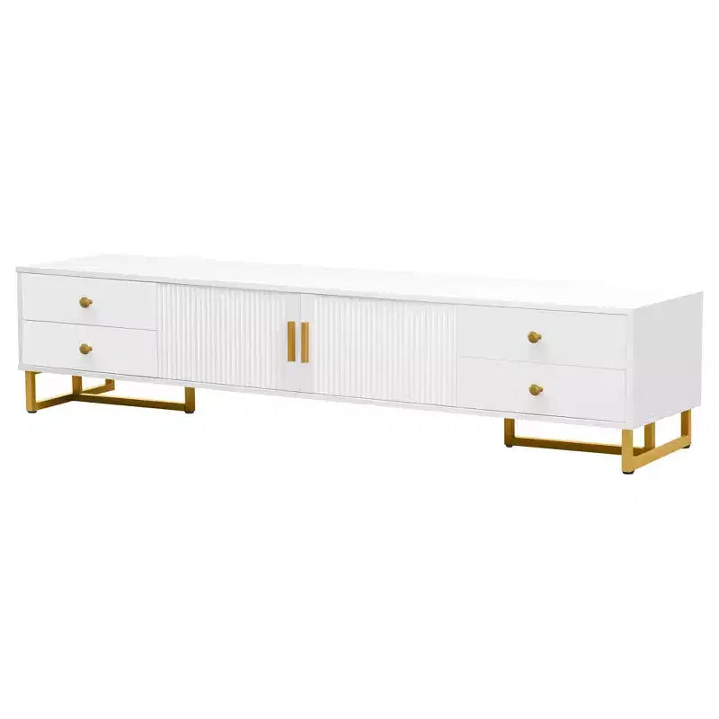 Meuble TV moderne pour téléviseurs de 65 pouces ; centre de divertissement/console média avec tiroirs ; meuble de rangement TV en bois avec pieds dorés.