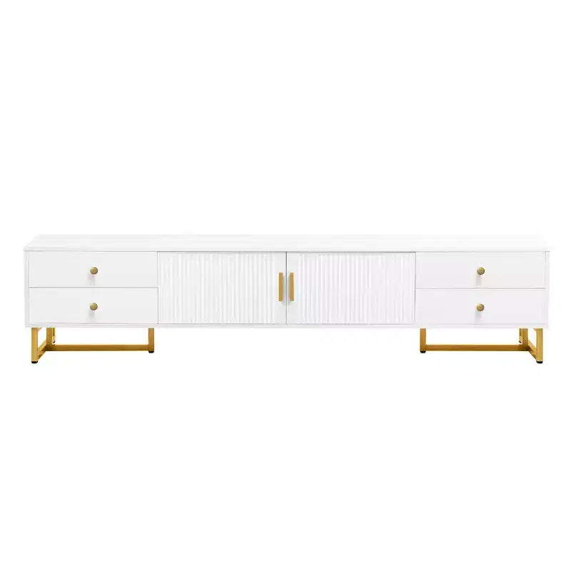 Meuble TV moderne pour téléviseurs de 65 pouces ; centre de divertissement/console média avec tiroirs ; meuble de rangement TV en bois avec pieds dorés.