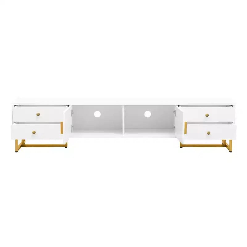 Meuble TV moderne pour téléviseurs de 65 pouces ; centre de divertissement/console média avec tiroirs ; meuble de rangement TV en bois avec pieds dorés.