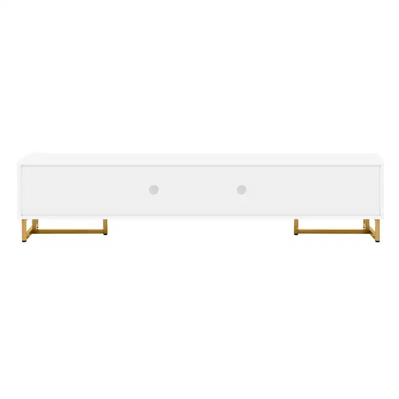 Meuble TV moderne pour téléviseurs de 65 pouces ; centre de divertissement/console média avec tiroirs ; meuble de rangement TV en bois avec pieds dorés.