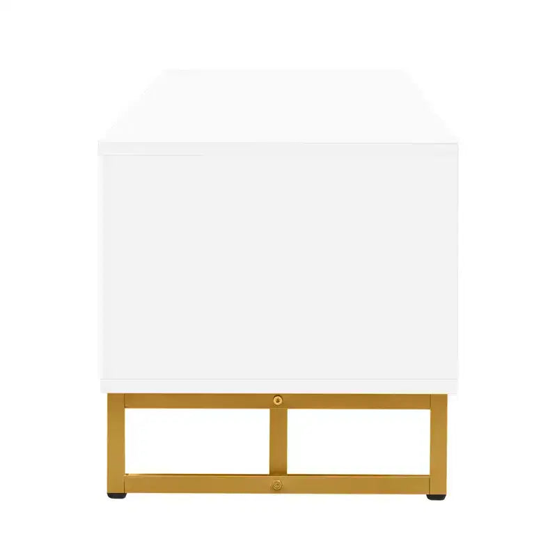 Meuble TV moderne pour téléviseurs de 65 pouces ; centre de divertissement/console média avec tiroirs ; meuble de rangement TV en bois avec pieds dorés.