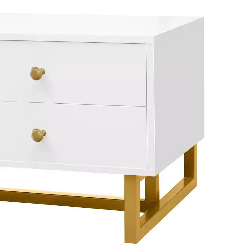 Meuble TV moderne pour téléviseurs de 65 pouces ; centre de divertissement/console média avec tiroirs ; meuble de rangement TV en bois avec pieds dorés.