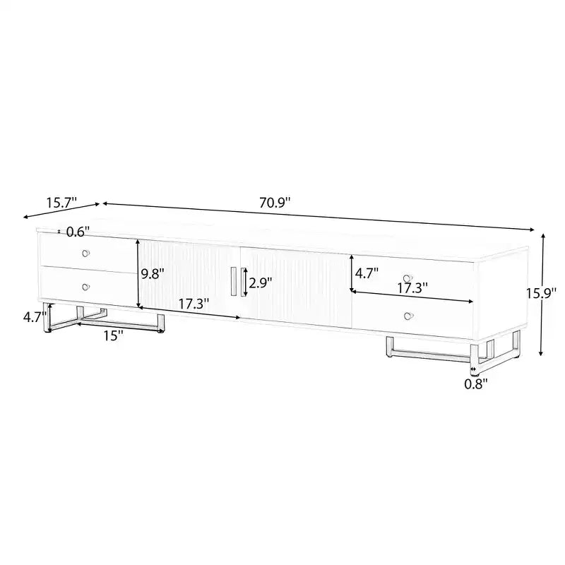 Meuble TV moderne pour téléviseurs de 65 pouces ; centre de divertissement/console média avec tiroirs ; meuble de rangement TV en bois avec pieds dorés.