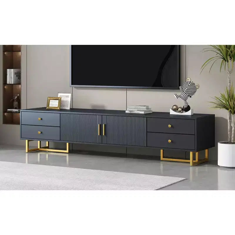 Meuble TV moderne pour téléviseurs de 65 pouces ; centre de divertissement/console média avec tiroirs ; meuble de rangement TV en bois avec pieds dorés.
