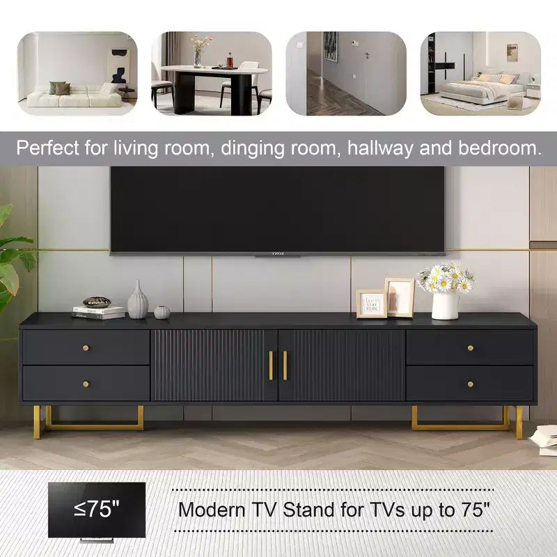 Meuble TV moderne pour téléviseurs de 65 pouces ; centre de divertissement/console média avec tiroirs ; meuble de rangement TV en bois avec pieds dorés.