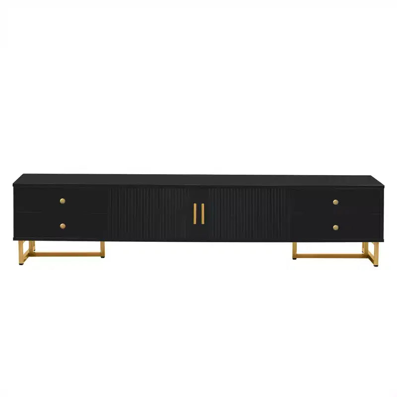 Meuble TV moderne pour téléviseurs de 65 pouces ; centre de divertissement/console média avec tiroirs ; meuble de rangement TV en bois avec pieds dorés.