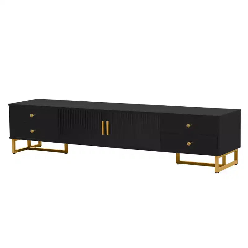 Meuble TV moderne pour téléviseurs de 65 pouces ; centre de divertissement/console média avec tiroirs ; meuble de rangement TV en bois avec pieds dorés.