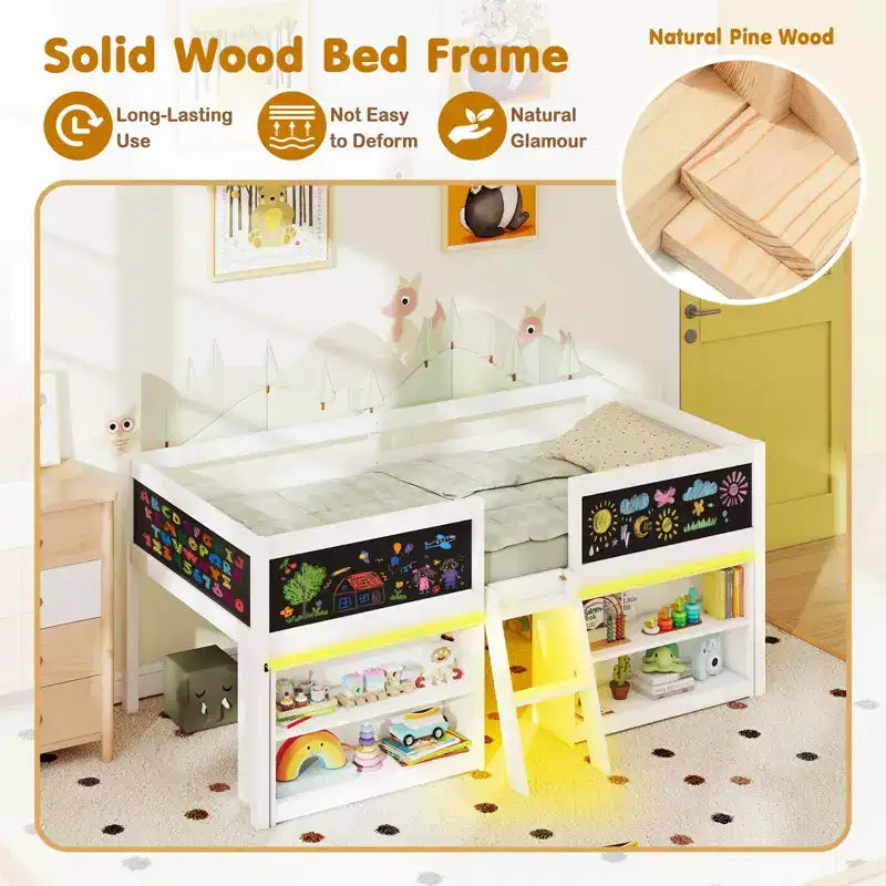 Lit cabane simple en bois avec bibliothèques pour enfant - lit bas