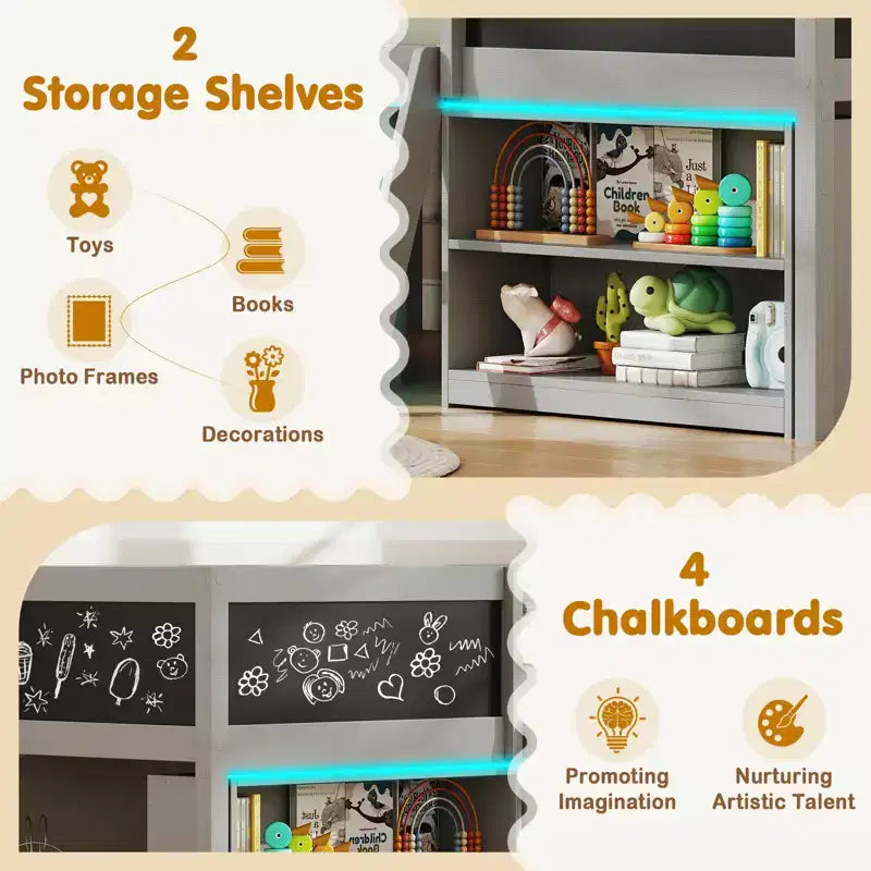 Lit cabane simple en bois avec bibliothèques pour enfant - lit bas