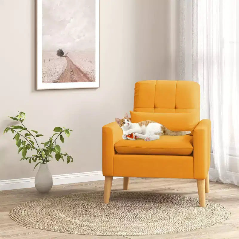 Fauteuil d'appoint capitonné avec coussin lombaire Pieds en bois de caoutchouc naturel Tissu en lin moderne Beige/Gris
