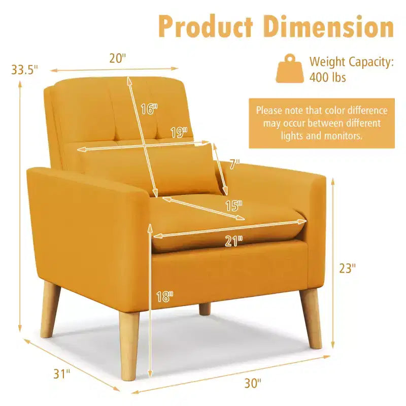 Fauteuil d'appoint capitonné avec coussin lombaire Pieds en bois de caoutchouc naturel Tissu en lin moderne Beige/Gris