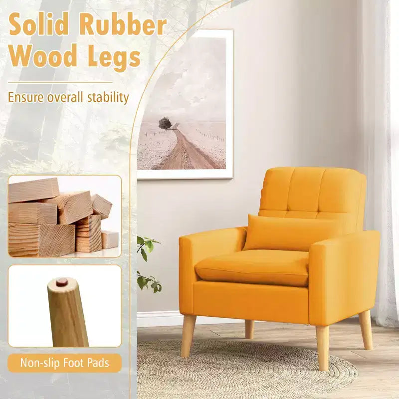 Fauteuil d'appoint capitonné avec coussin lombaire Pieds en bois de caoutchouc naturel Tissu en lin moderne Beige/Gris