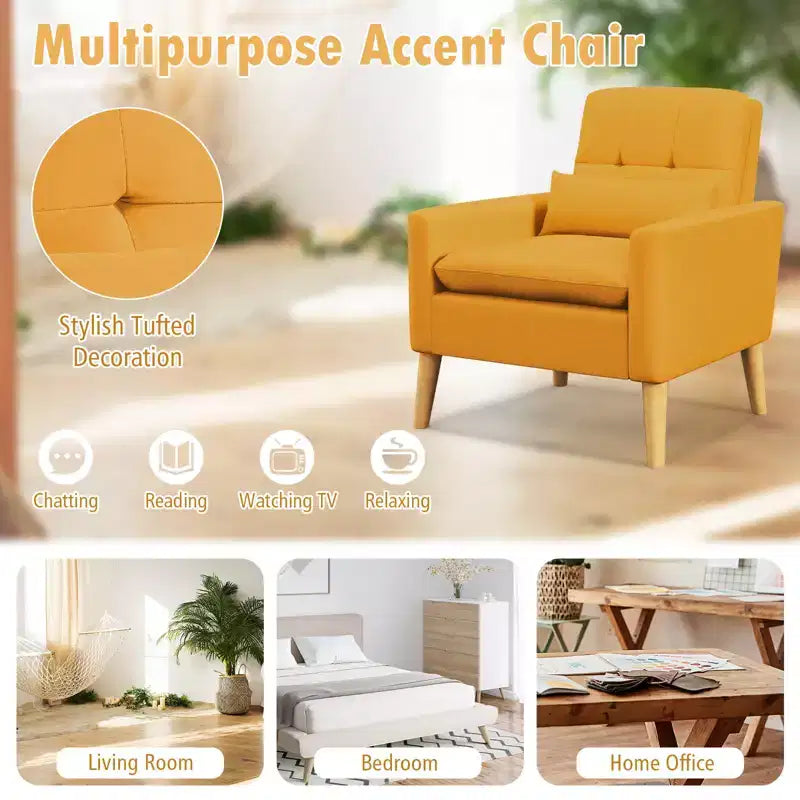 Fauteuil d'appoint capitonné avec coussin lombaire Pieds en bois de caoutchouc naturel Tissu en lin moderne Beige/Gris