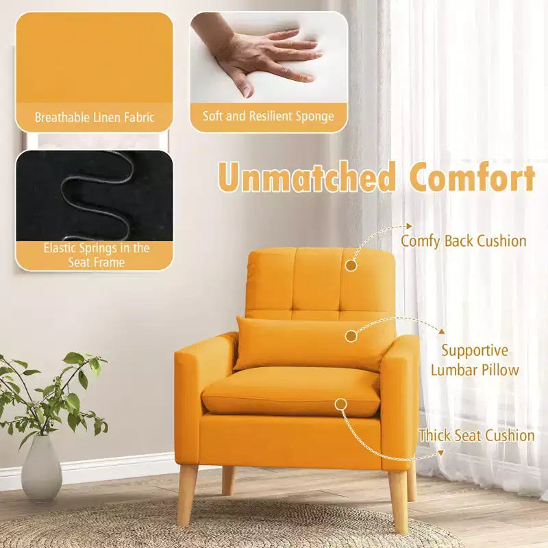 Fauteuil d'appoint capitonné avec coussin lombaire Pieds en bois de caoutchouc naturel Tissu en lin moderne Beige/Gris