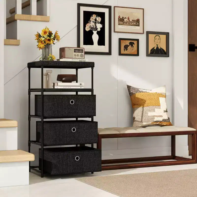 Commode 3 tiroirs avec étagère et bacs en tissu, unité de rangement industrielle