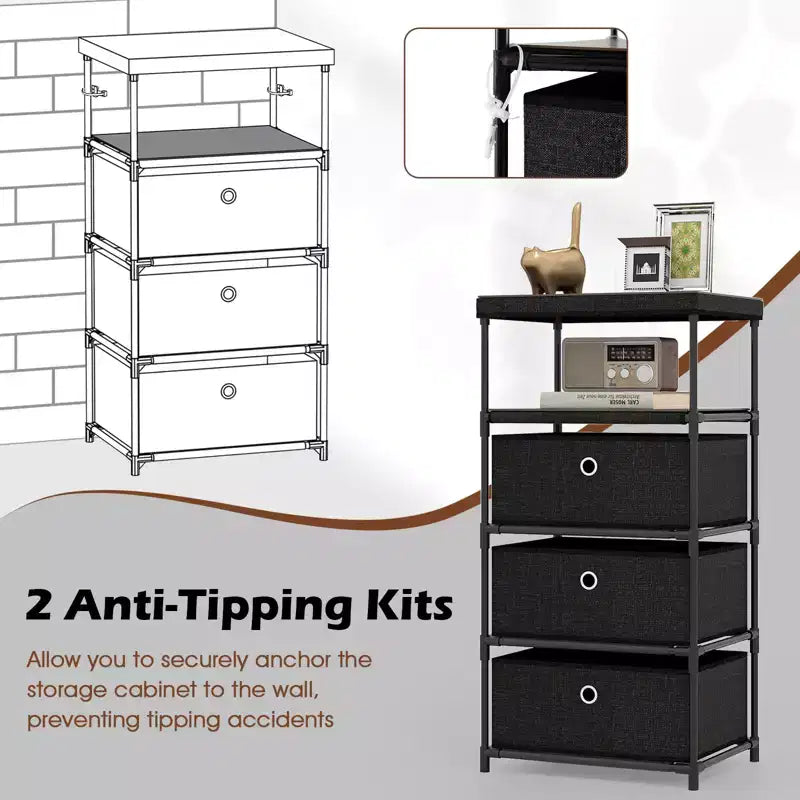 Commode 3 tiroirs avec étagère et bacs en tissu, unité de rangement industrielle