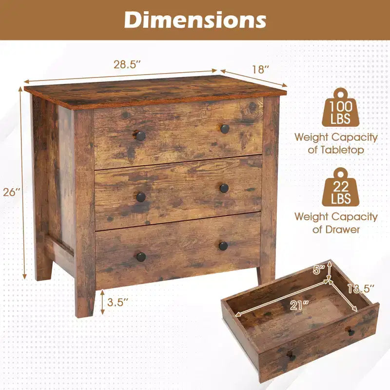 Commode 3 tiroirs de 72 cm de large, grande table de chevet moderne pour chambre à coucher