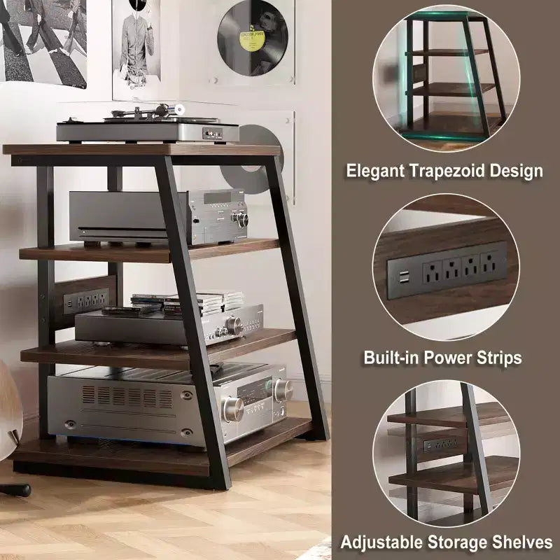 Étagère à quatre niveaux avec station de charge et lumières LED ; petit meuble TV/média