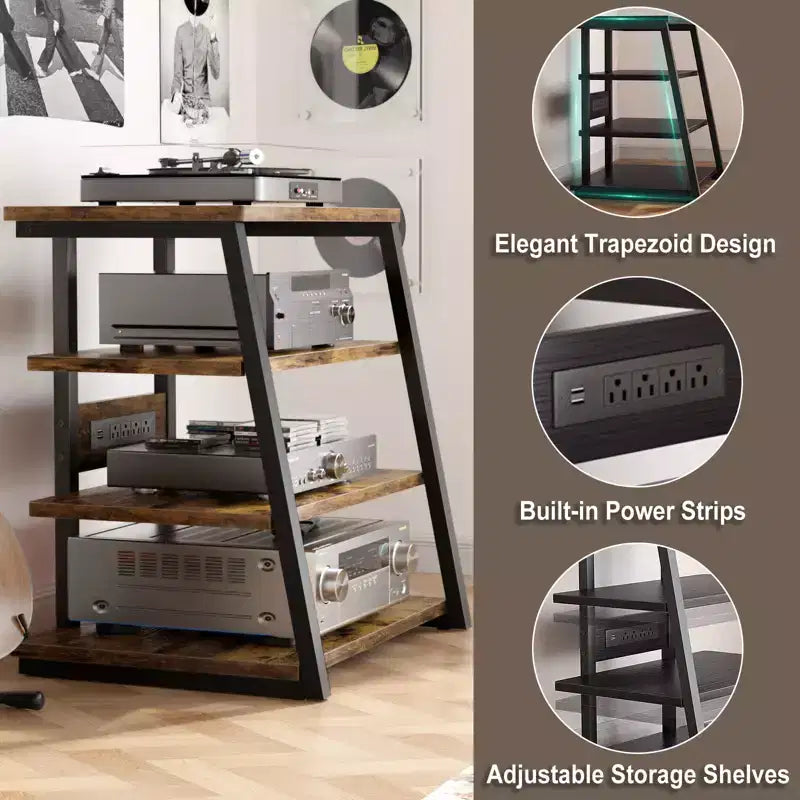 Étagère à quatre niveaux avec station de charge et lumières LED ; petit meuble TV/média