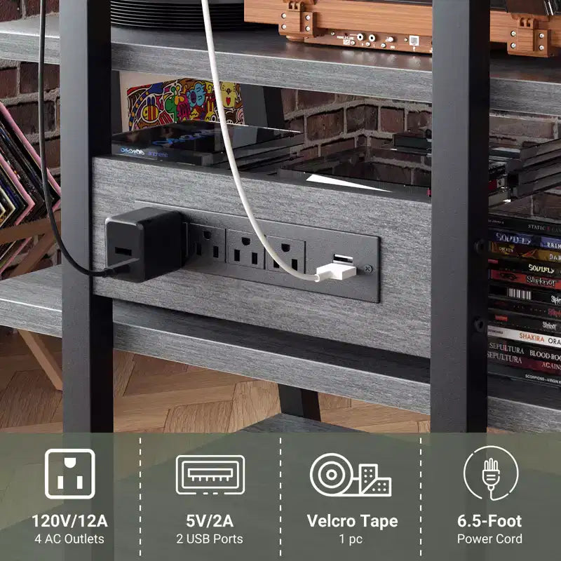 Étagère à quatre niveaux avec station de charge et lumières LED ; petit meuble TV/média