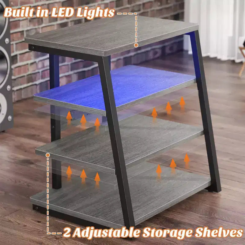 Étagère à quatre niveaux avec station de charge et lumières LED ; petit meuble TV/média