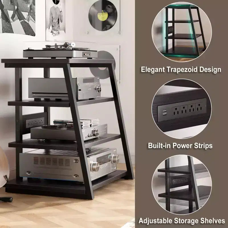 Étagère à quatre niveaux avec station de charge et lumières LED ; petit meuble TV/média