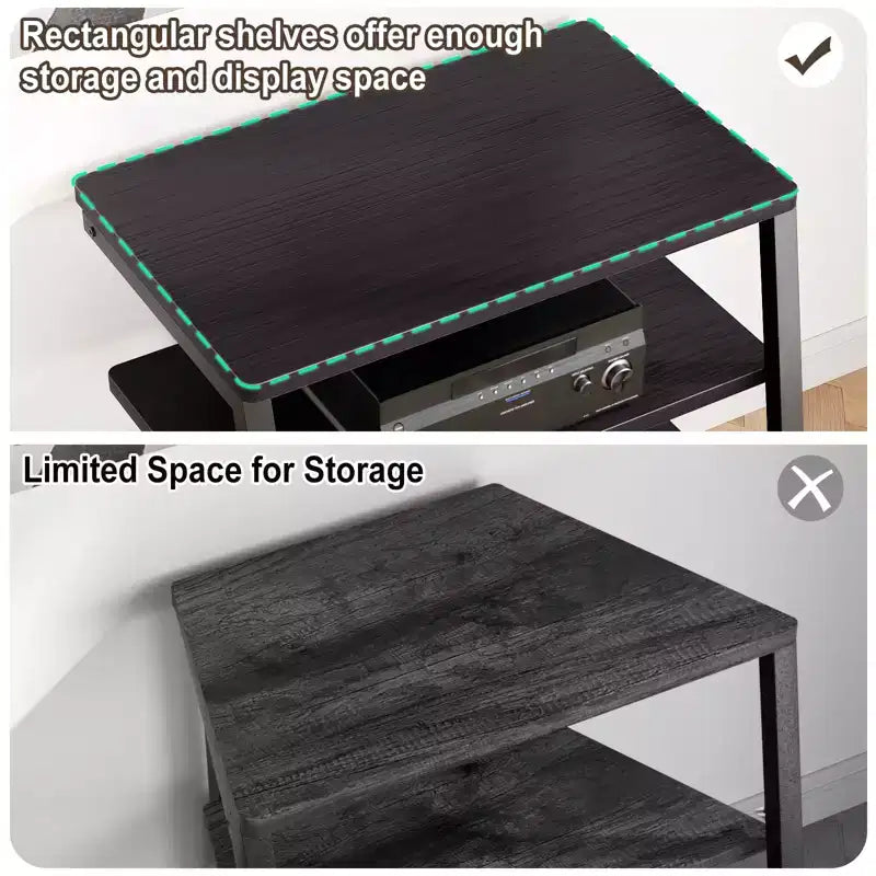 Étagère à quatre niveaux avec station de charge et lumières LED ; petit meuble TV/média