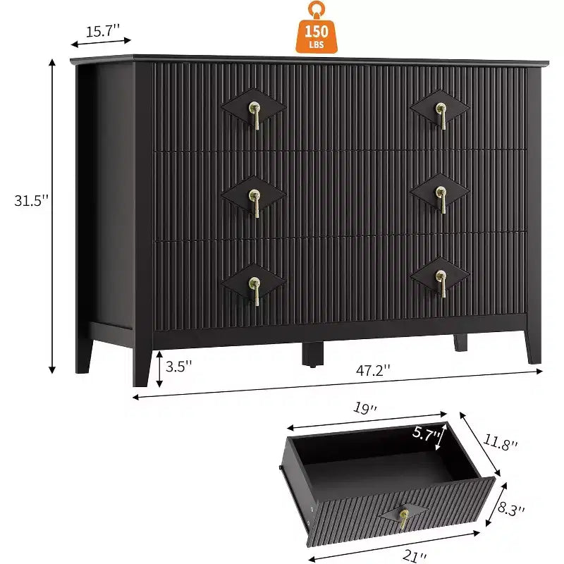Meuble de rangement en bois de style moderne, doté de poignées métalliques ; convient pour une utilisation dans le salon, le couloir ou l'entrée