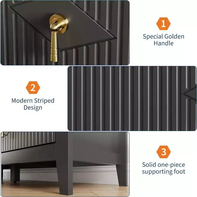 Meuble de rangement en bois de style moderne, doté de poignées métalliques ; convient pour une utilisation dans le salon, le couloir ou l'entrée