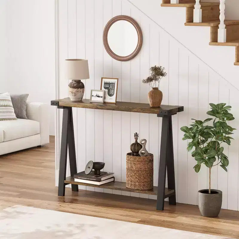 Table console de style ferme de 43,7 po avec cadre en métal – Table de rangement pour l'arrière du canapé, l'entrée et le couloir
