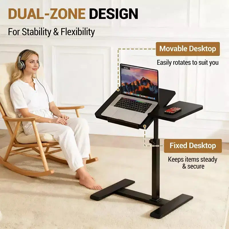 Bureau mobile pour ordinateur portable, réglable en hauteur, avec plateau inclinable et roulettes escamotables