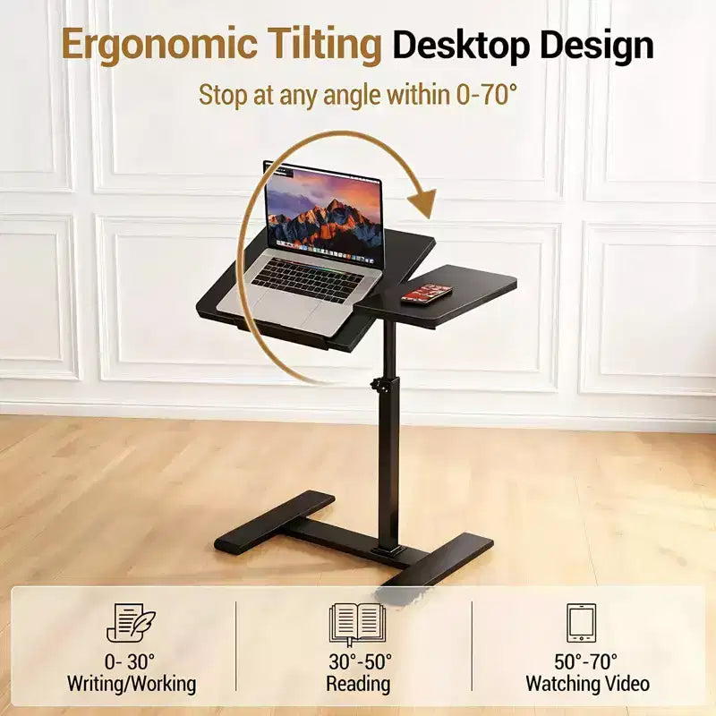 Bureau mobile pour ordinateur portable, réglable en hauteur, avec plateau inclinable et roulettes escamotables