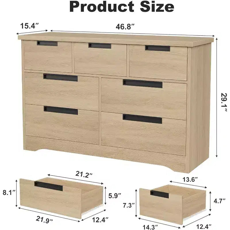 Commode à 7 tiroirs (poignées encastrées) couleur bois naturel, meuble multifonctionnel finition bois